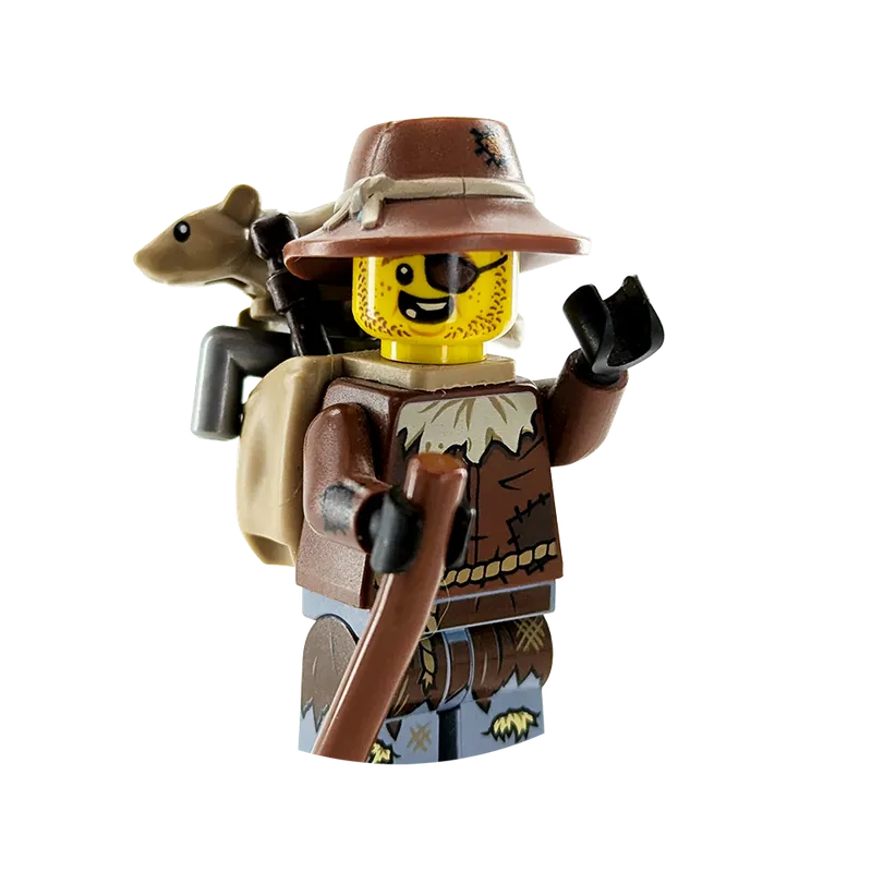Rusty Dusty, a smiling medieval minifigure carrying a walking staff with his pet rat riding behind his shoulder