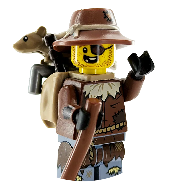 Rusty Dusty, a smiling medieval minifigure carrying a walking staff with his pet rat riding behind his shoulder